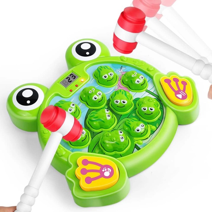 Joc Interactiv Timebox "Loveste Broscuta" cu 2 Ciocanele – Jucarie Educativa pentru Dezvoltarea Copiilor, 38 de Niveluri de Viteza, Coordonare Ochi-Mana si Concentrare, Ecran LCD cu Scor– Cadou Ideal pentru Baieti si Fetite 4-6 Ani, Verde
