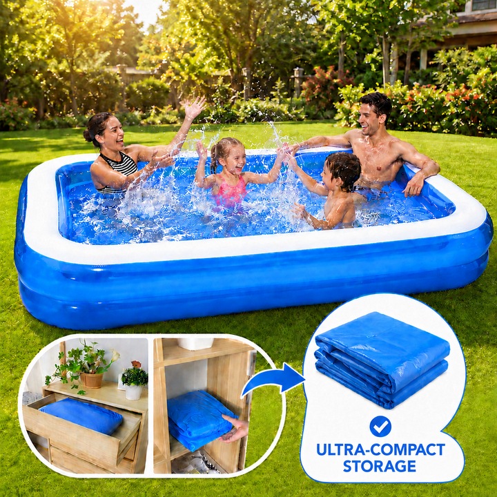 Piscina exterioara gonflabila, Piscina familie copii adulti, Piscina dreptunghiulara supraterana, Vivendo®, Family Pool 2 inele, 262x175x51 cm, PVC durabil, montaj rapid, kit reparatii, gradina curte terasa, Albastru