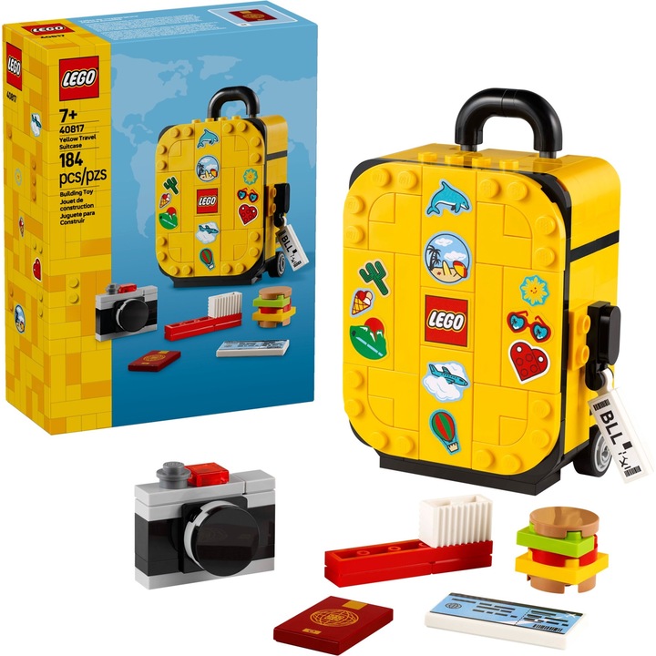 Set LEGO Valiza galbena de calatorie, 184 piese, maner retractabil, roti functionale, 10x9x4cm