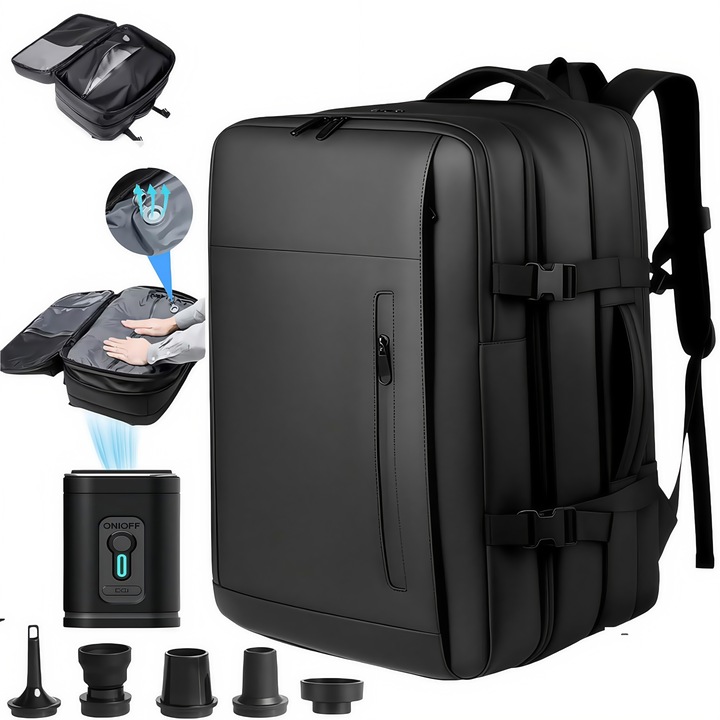 Вакуумна раница за пътуване и самолет, RorAem®, компресионна раница за пътуване със самолет за мъже/жени с вакуумна компресия, водоустойчива, 17.7x11.8x11 инча, защита срещу кражба, разширяем капацитет до 60 литра, включена вакуумна помпа, черна