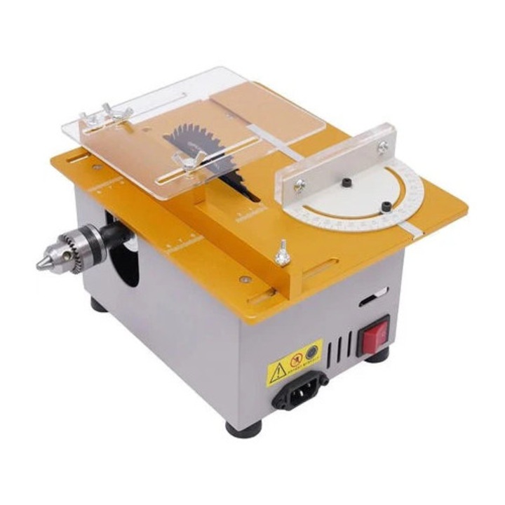 Mini ferastrau circular de masa, 300W, 9000RPM, reglabil 0-90°, lama multipla, auriu