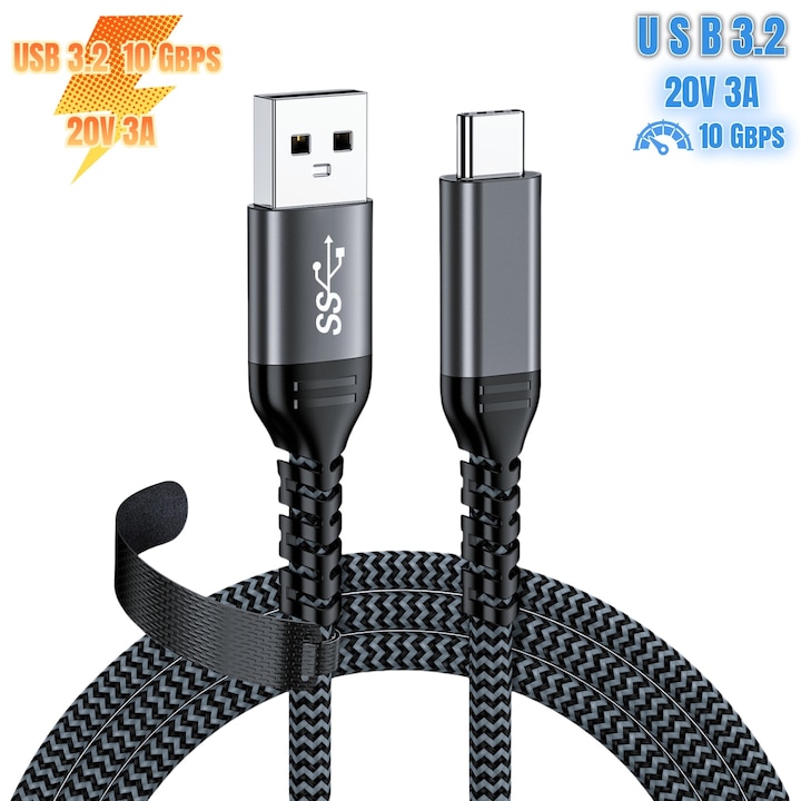Sugxia® USB 3.2 кабел за данни, USB-A към USB Type-C, 10Gbps трансфер, 60W зареждане, съвместим с всички марки (Samsung, iPhone 15 и 16, Xiaomi, Huawei), лаптоп, външен твърд диск, метално сив, 1 м