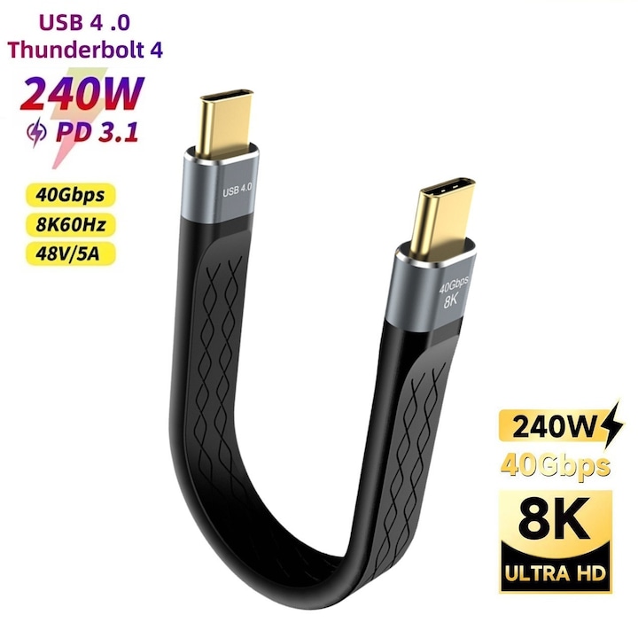 Sugxia USB4 kábel, USB-C, 40Gbps, 240W PD 3.1, 5A, 8K@60Hz videó, Thunderbolt 3/4 kompatibilis – iPhone 15/16, MacBook, SSD, Laptop, Monitor, Dokkoló, 0.13m, Fekete