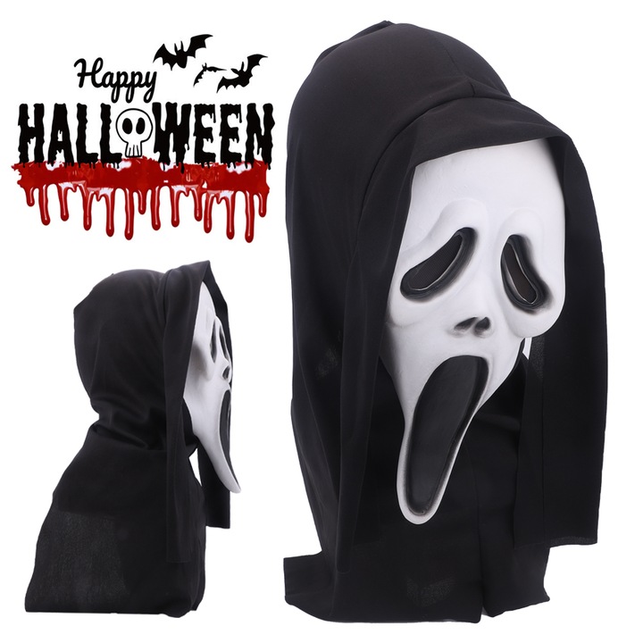 Masca 'Scream' Halloween, Demon Screaming Ghostface, pentru Cosplay/Carnaval, Schelet tipator, cu Gluga negru, Latex, Alb/ Negru