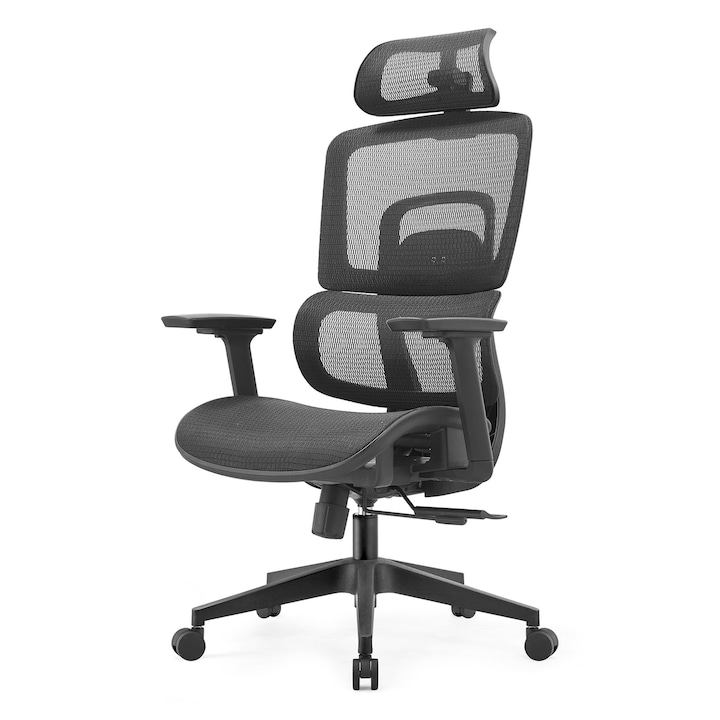 Ергономичен офис стол, Invincio Garry-H Full, висока мрежеста облегалка, регулируеми по височина PU подлакътници, плъзгаща седалка от пяна, люлеещ се механизъм с 3 заключващи позиции, 340 мм найлонова основа и 55 мм колела, черен