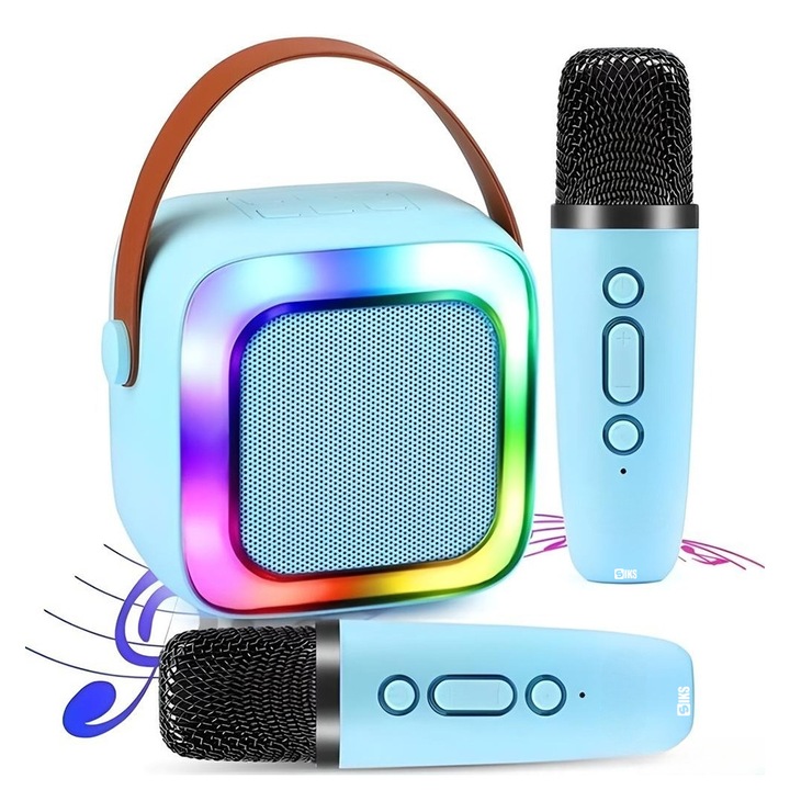 Пълен комплект Smart SIKS микрофон и безжична високоговорителна станция за караоке, 2 микрофона, деца / възрастни, комплект 2 в 1, преносимо устройство, RGB LED светлина, с връзка за телевизор и телефон, слот за карта, син