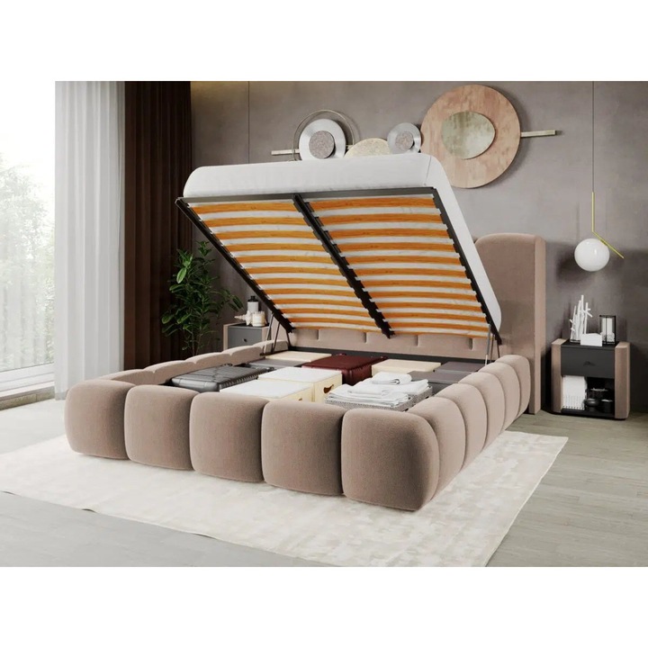 Pat Tapitat Noel, tip bubble cu Somiera Rabatabila, 160x200, Bej/Velluto 3