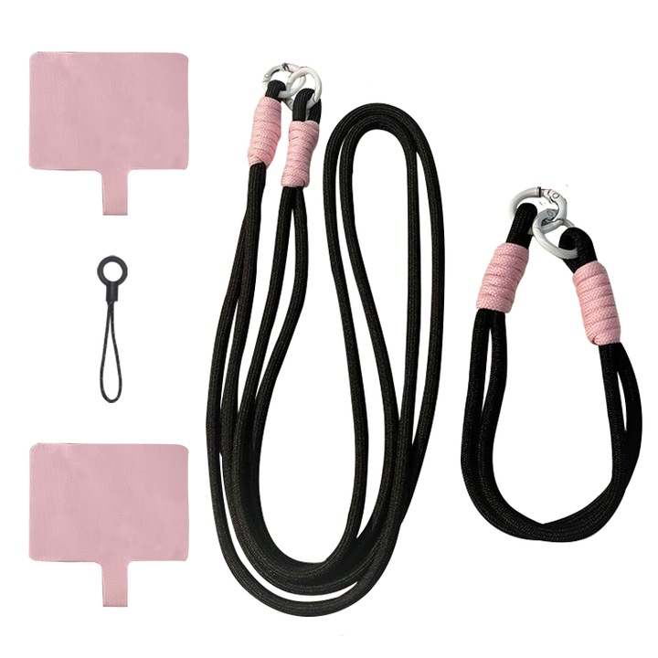 Set Dual Lanturi Anti-Pierdere - 2 Lanturi Lungime Diferita (Gat+Incheietura), Cu Ancora Rapida & 2 Suporturi Fixe, Nylon Rezistent, Negru