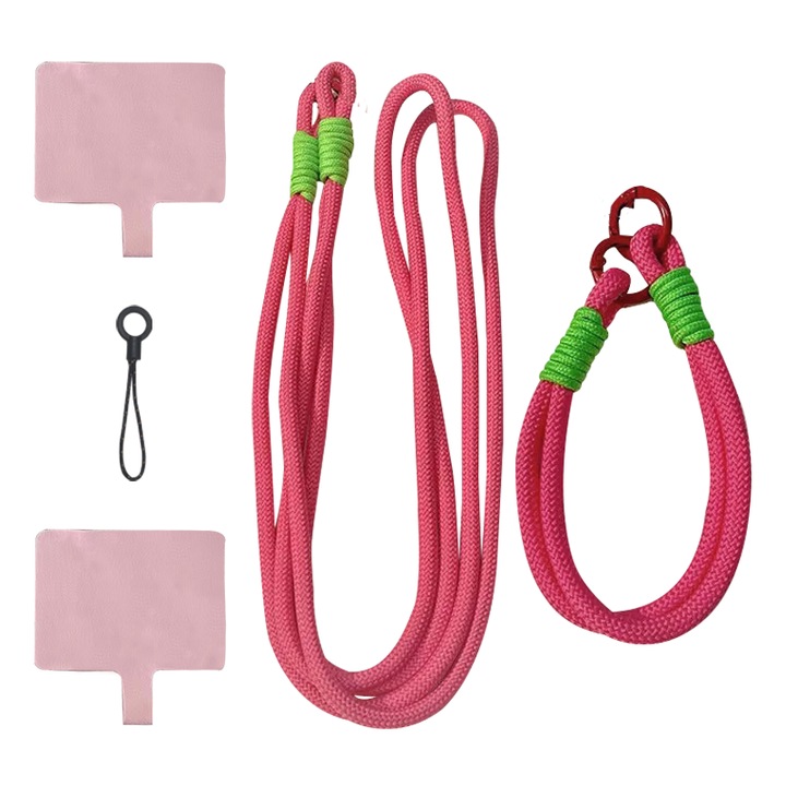 Set Dual Lanturi Anti-Pierdere - 2 Lanturi Lungime Diferita (Gat+Incheietura), Cu Ancora Rapida & 2 Suporturi Fixe, Nylon Rezistent, Roz trandafiriu