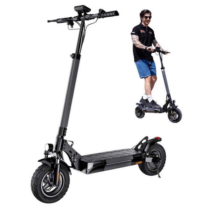 Trotineta electrica IScooter W9, motor de 1000W, baterie de 48V 14Ah, anvelope de 10 inch, viteza maxima de 45 km/h, autonomie de 45 km, frana pe disc fata si spate, amortizare dubla a socurilor, afisaj LCD
