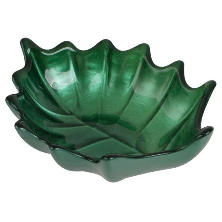 Bol Farfurie Sticla Verde 14x12.5x2 cm, forma de frunza, elegant pentru servire gustari, aperitive, decor masa