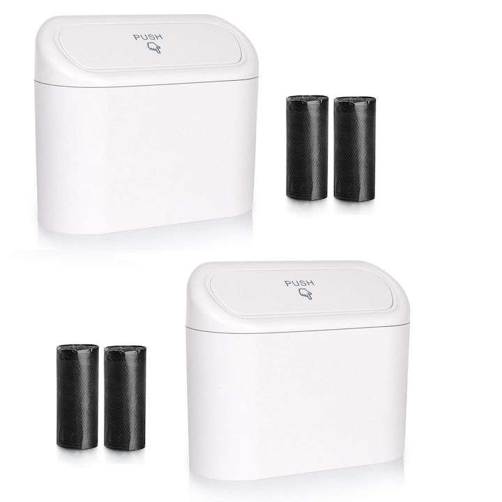 Omelivon 2 Pack Mini cos de gunoi auto cu capac si 60pcs pungi de gunoi, cos de gunoi auto mic, cos de gunoi dragut din ABS rezistent la scurgeri, accesorii auto pentru interior, cos de gunoi pentru casa, birou（Alb）