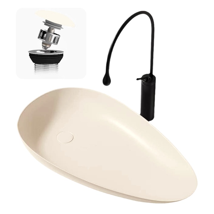 Lavoar/Chiuveta pe blat pentru baie, Zadabso®, Ceramic, forma asimetrica, stil modern, set complet de scurgere din ceramica, 77x43x14 cm, cream