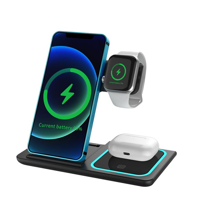 Incarcator Wireless 3 in 1 Incarcare Rapida 15W pentru iPhone Samsung Huawei Incarcare Apple Watch & AirPods - Negru