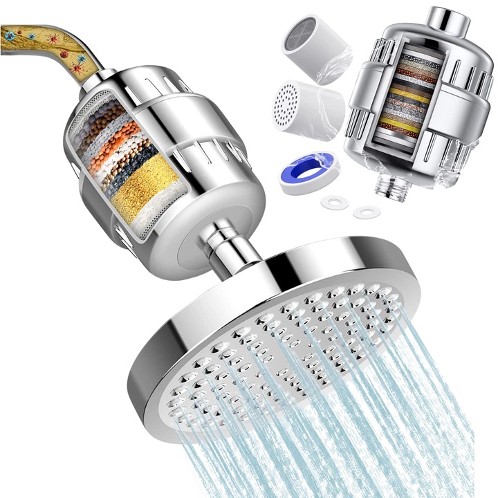Filtru de Apa pentru Para de Dus cu Pulverizare Sus, 15 Stagii de Filtrare, 1 Cartus Filtrant Preinstalat, Infuzie de Minerale si Vitamina C, Elimina Clorul, Metalele Grele si Impuritatile, Purificator de Apa pentru Baie cu Carbune Activ