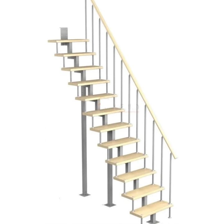 Scara de Interior, Danini, Scara cu Vang pe Centru din Metal pentru Casa mica, Mansarda, Model Stationar Drept, Inaltime 2700/2925, Gri/Maro Natural