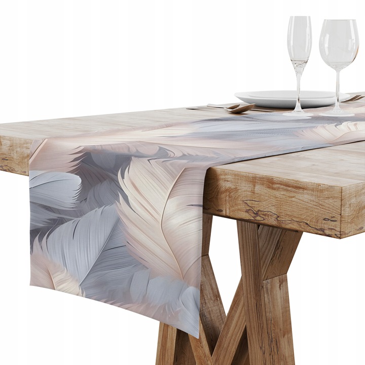 Fata De Masa, Warmu, Boho, Pene Pastelate, 40x200 cm, Material Poliester, Bej/Roz, Gramaj 180 g/m², Margini Atent Cusute, Certificat Oeko-Tex® Standard 100