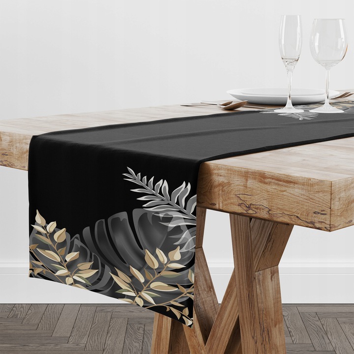 Fata De Masa, Warmu, Mostera, 40x200 cm, Material Poliester, Negru/Auriu, Gramaj 180 g/m², Margini Atent Cusute, Certificat Oeko-Tex® Standard 100