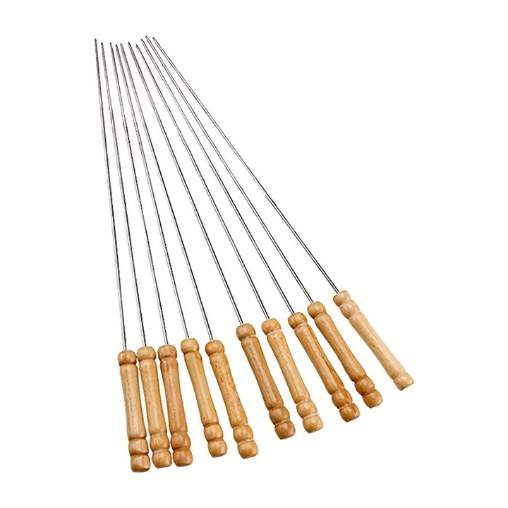 Set 10 Ustensile Gratar Skewers din Otel Inoxidabil 12 Inch, Rezistent la Rugina, Manere din Lemn