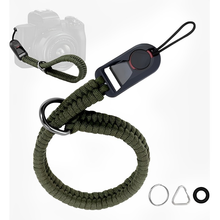 Curea pentru camera TREXORA, 25-40cm, nylon rezistent, suport DSLR/mirrorless, culoare neagra/camuflaj, set cu 3 tipuri de conectori