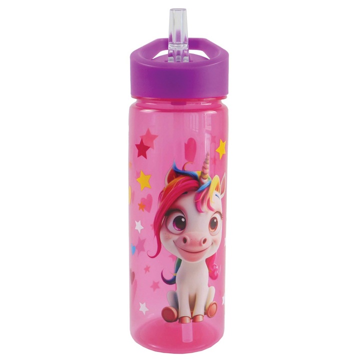 Sticla apa S-Cool, Unicorn, cu pai, din plastic, 600 ml, 23x8.5x6.6 cm