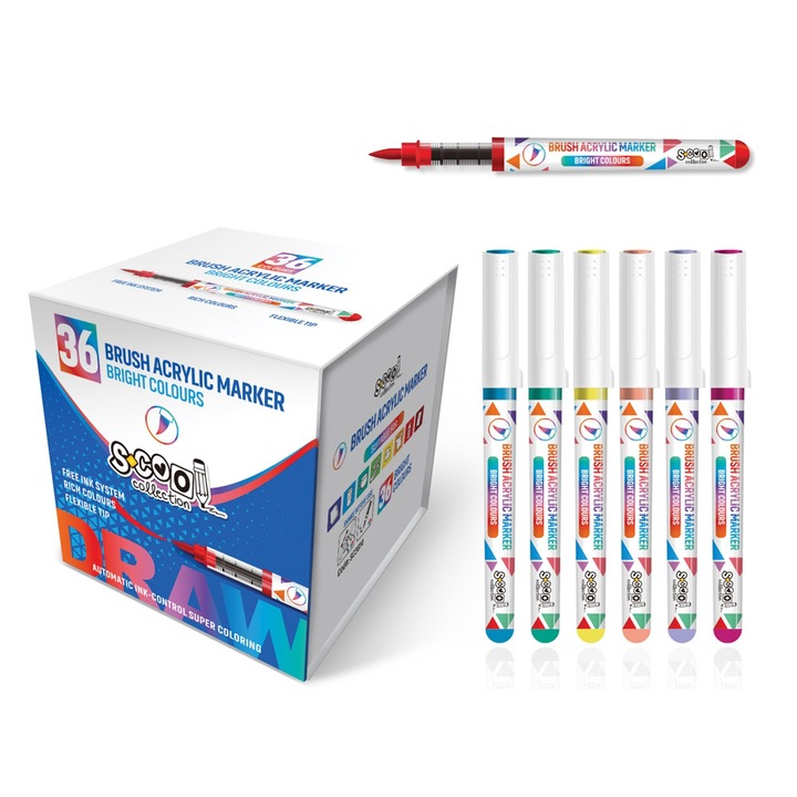 Markere S-Cool, cu vopsea acrilica, varf tip pensula, 36 bucati/set