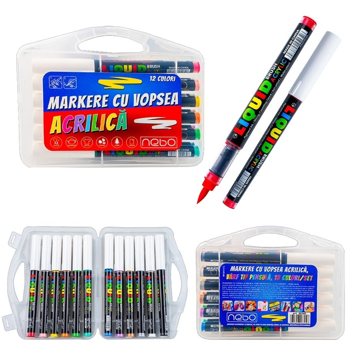 Markere Nebo, cu vopsea acrilica, varf tip pensula, 12 culori