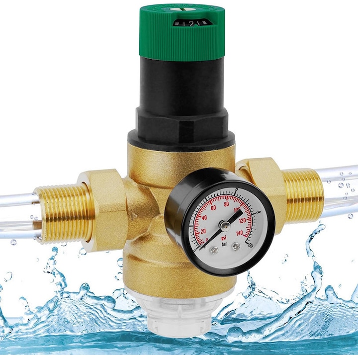 Регулатор за водно налягане 3/4 инча, с манометър и филтър, от месинг, включени аксесоари