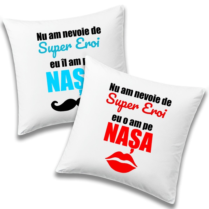Set 2 perne personalizate pentru Nasi cu mesaj:"Nu am nevoie de super eroi", Betaprint, 40x40cm, satinata, alba