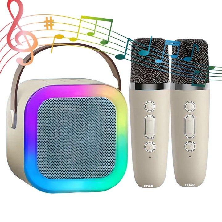 EDAR Комплект Умна станция с микрофон и безжичен високоговорител за караоке, 2 микрофона, подходящ за деца и възрастни, преносимо устройство 2 в 1 с RGB LED светлина, слот за карта, бежов цвят