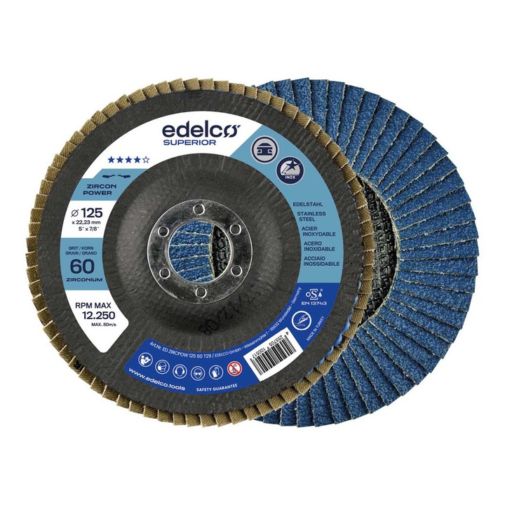 Disc lamelar EDELCO ZIRCPOW convex, zirconiu, 125x22.23mm, granulatie 60, pentru slefuirea metalului, inoxului