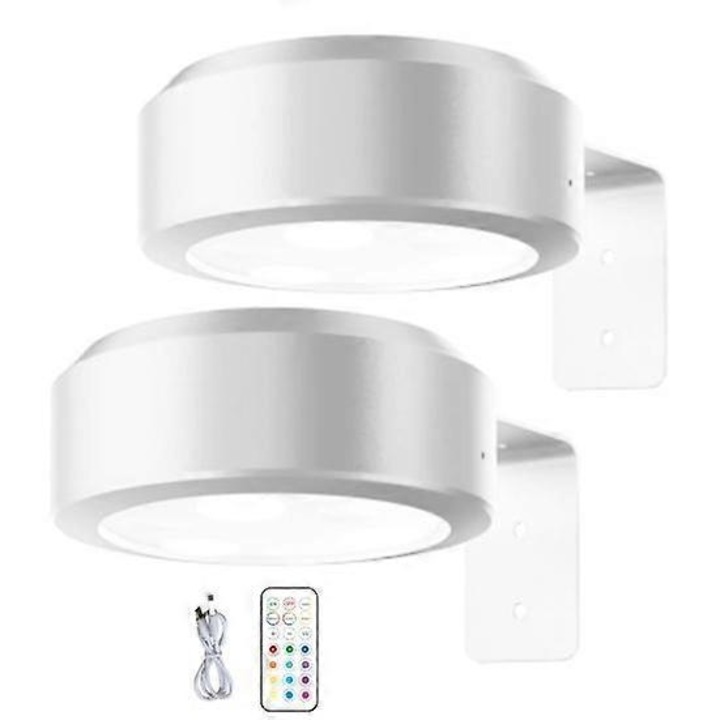 Fali lámpa, 2 darab, állítható RGB világítás, fehér, 8.5x3cm