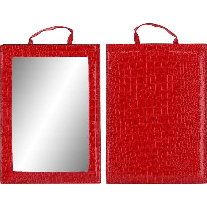 Oglinda cu maner din piele ecologica rosie pentru salon de coafura