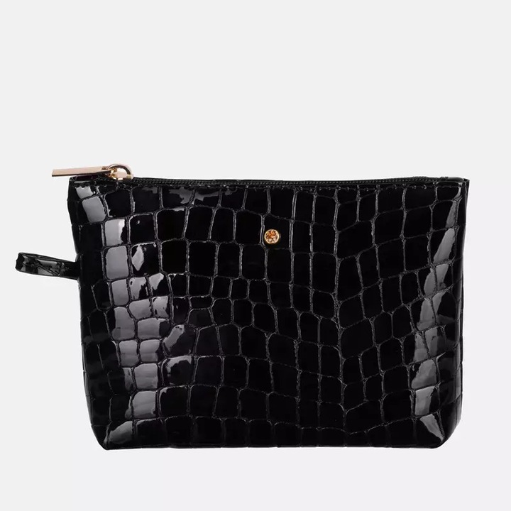 Női kézitáska, Wojewodzic, fekete, lakkbőr, krokodilmintás, fogantyúval, fő rekesszel, 30x20x10cm