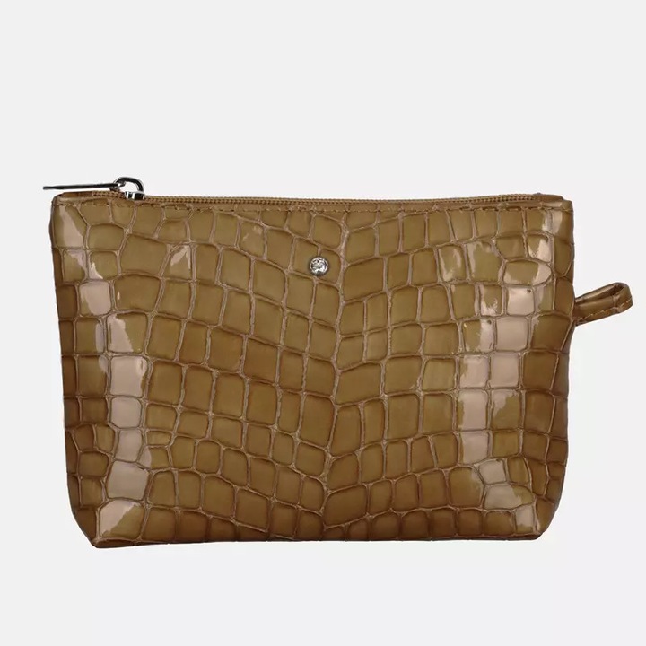 Portfard cosmetic din piele, Wojewodzic, model crocodil, caramel, cu fermoar