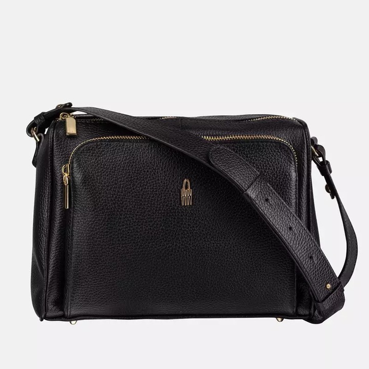 Wojewodzic női táska, Laura modell, természetes bőr, fekete, két rekesszel, arany részletekkel