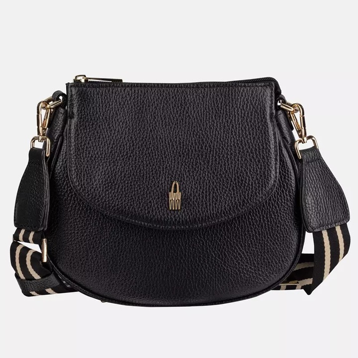 Női táska, Wojewodzic, valódi bőrből készült levéltartó, fekete, állítható pánttal, kis méret