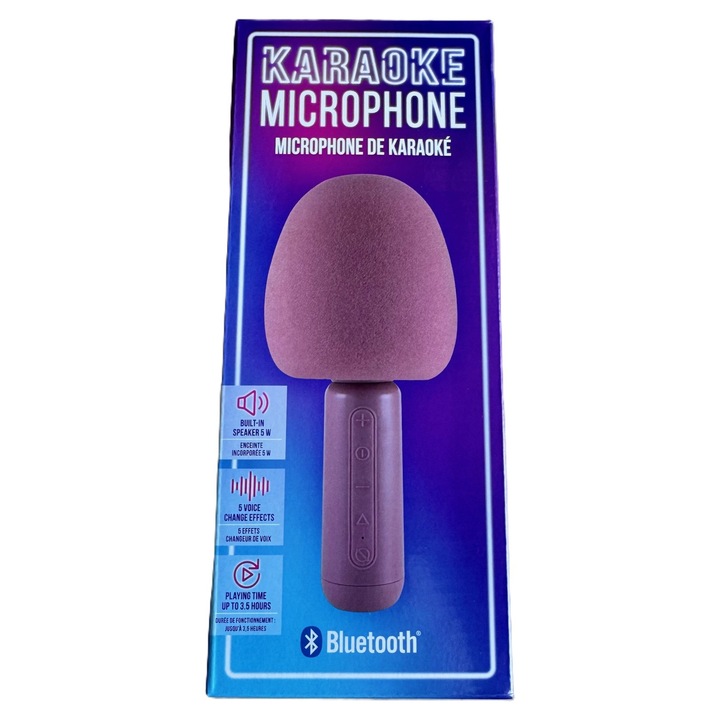 Microfon karaoke cu Bluetooth, roz, 5 efecte vocale, 21x9,3x9,3cm
