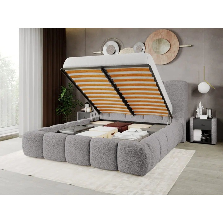 Pat Tapitat Noel, tip bubble cu Somiera Rabatabila, 160x200, Gri/Rolf 6