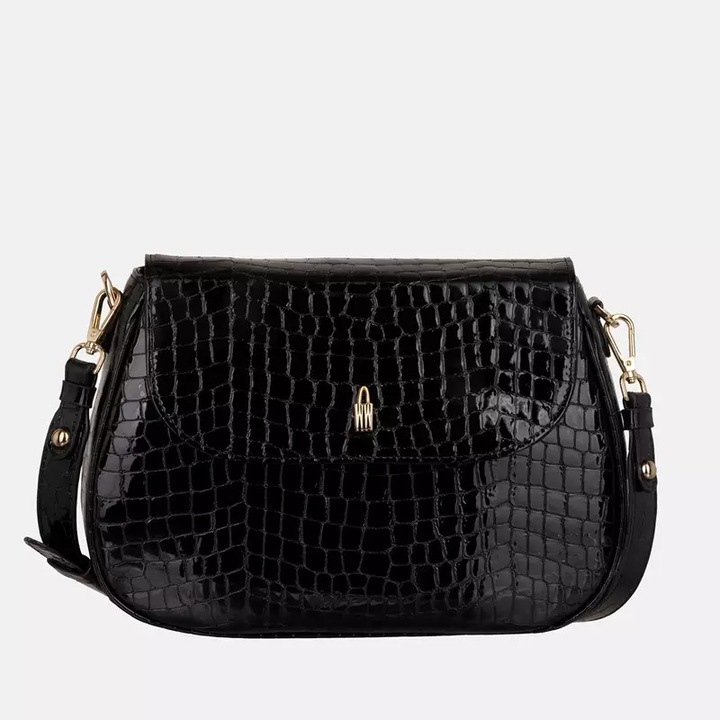 Geanta de dama, Wojewodzic, model MELODY, piele naturala lacuita, neagra, dimensiuni practice.