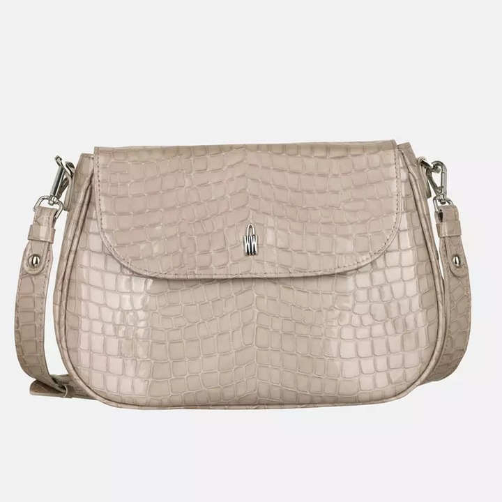 MELODY női táska, természetes lakkbőr, bézs színű, ezüst részletekkel, nagy méretekkel.