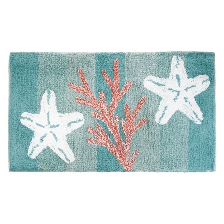Fürdőszoba szőnyeg, Antbro, Türkiz, 75x45cm, csúszásgátló, tengeri design tengeri csillagokkal és korallokkal