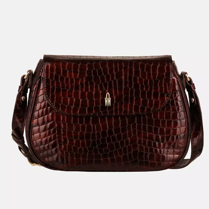 Geanta de dama MELODY, piele naturala lacuita, model crocodil, maro, dimensiuni compacte