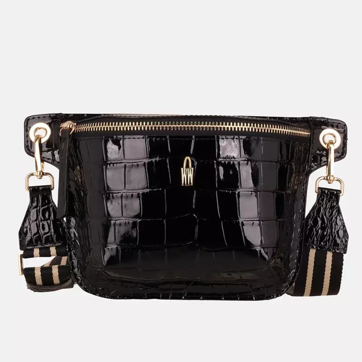 Női táska, Wojewodzic, természetes lakkbőr, fekete, kompakt méretek, arany részletekkel