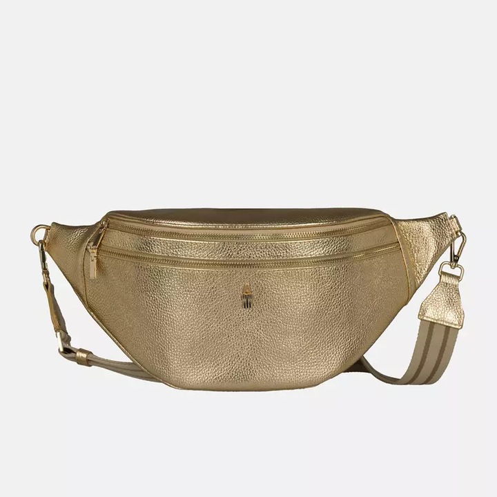 CLEO válltáska, valódi bőrből, arany színű, állítható pánttal, nagy kapacitású