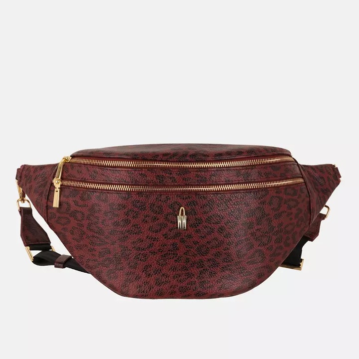 Női bőr kézitáska, Wojewodzic, párducmintás, bordó, 41x17x9cm