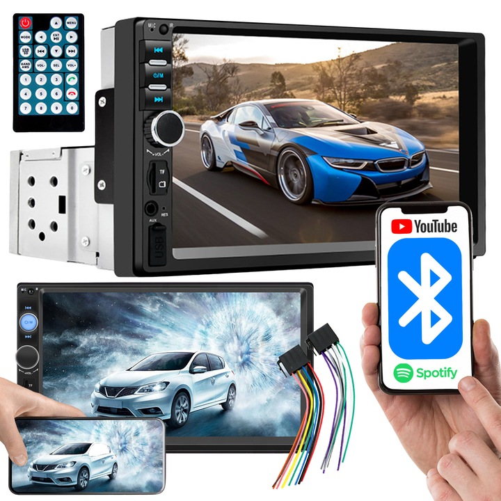 MP5 multimédia lejátszó, Carplay, 7 hüvelykes HD kijelző, microSD kártya, előlapi USB, kihangosító, AUX, FM rádió, 1 DIN, Bluetooth, mélynyomó, rádió, a rádió felszereléséhez és csatlakoztatásához szükséges elemek, 4x45W, többszínű B5300