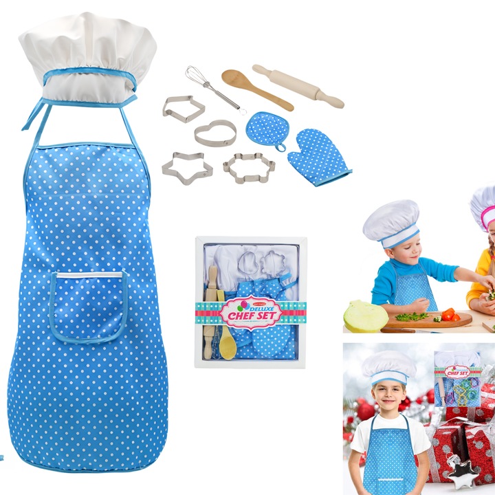 Set bucatar pentru copii, RorAem, Sort bucatar pentru copii cu 11, Include Sort, palarie, Manusa, tampon fierbinte si lingura de lemn, rulou de rulare si mixer de mana, Forme de Biscuiti, Ideal pentru Joc de Rol, 3+ Ani, Albastru