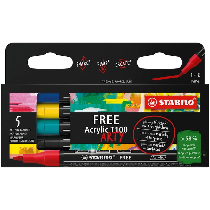 Акрилен маркер Stabilo Free Acrylic T100, Комплект Royal, 5 цвята/комплект