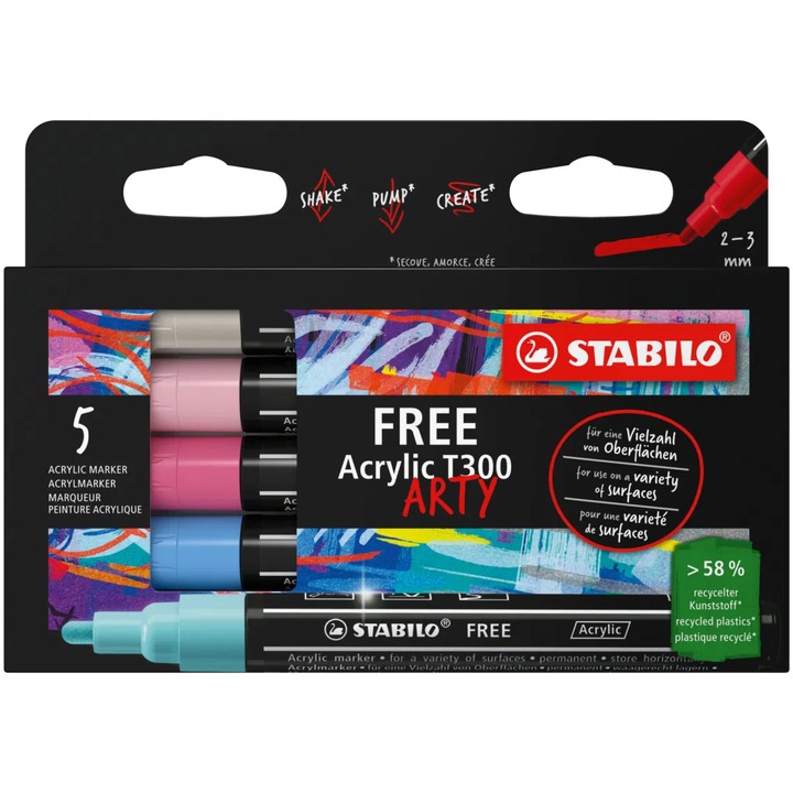 Акрилен маркер Stabilo Free Acrylic T300, Комплект Candy, 5 цвята/комплект